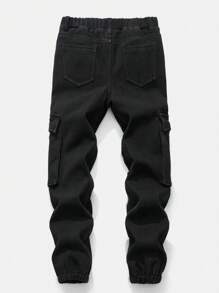 SHEIN 青少年男童时尚休闲黑色牛仔裤，内衬保暖，工装口袋设计，宽松裤腿，适合感恩节、日常穿着以及秋冬季节穿着。 - 黑色 - 查看 2