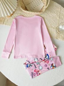 SHEIN 年轻女孩休闲可爱卡通设计圆领长袖和裤子紧身套装，适合家庭聚会和拍照 - 粉色 - 查看 2