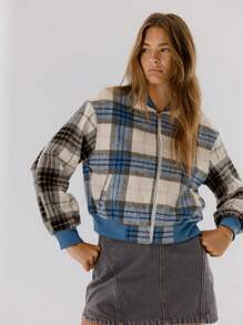 Aralina 经典格子图案拉链罗纹领袖飞行员开衫