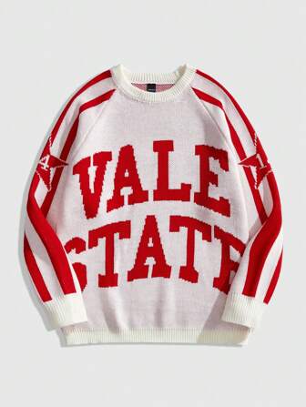 Prep Jersey holgado de cuello redondo con mangas raglán, patrón de letras y estrellas para hombre en otoño/invierno