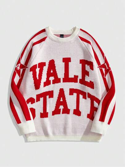 Prep Men's Autumn/Winter Letter & Star Pattern Round Neck Raglan Sleeve Loose Pullover Sweater