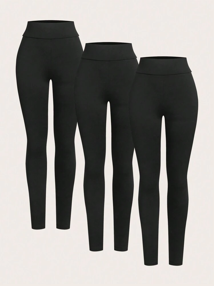 SHEIN Essnce Conjunto de tres piezas de mujer con leggings casuales sólidos de color blanco, negros y de alta elasticidad - Negro - Añade 7