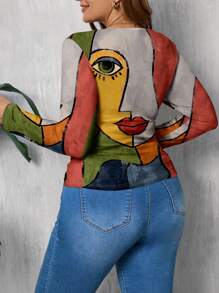 SHEIN LUNE 大码女式休闲简约全印花紧身 T 恤 - 彩色 - 查看 2