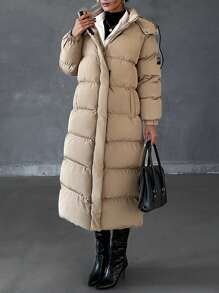 EURMUSE Hooded Relaxed Longline Padded Coat, Make You Feel Warm And Fashionable In Snowy Day - Coffee Brown - View 8