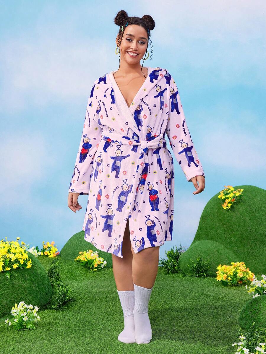 Teletubbies X SHEIN Áo choàng lông lót nhiệt họa tiết hoa "Tinky Winky" hoạt hình Kawaii cỡ lớn Y2K, phù hợp cho mùa đông và mùa hè - Màu tím - Xem 1