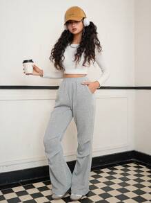 SHEIN Teen Girls' Casual Fashionable American Chic Gray Flare Pleat Sweatpants - Light Grey - View 5