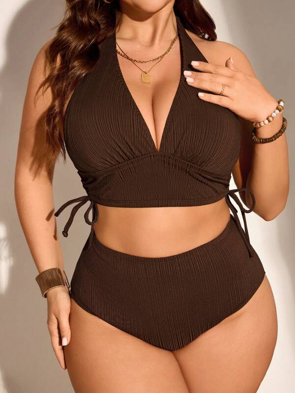 Swim Lushoire Plus Size Women's Plain Color Halter Tie Side Drawstring Bikini Set, Resort Bikini Set Summer