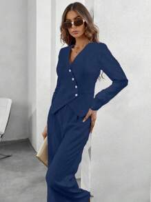 SHEIN Clasi Bộ vest và quần âu cổ chữ V cho nữ - Màu xanh lam - Xem 3