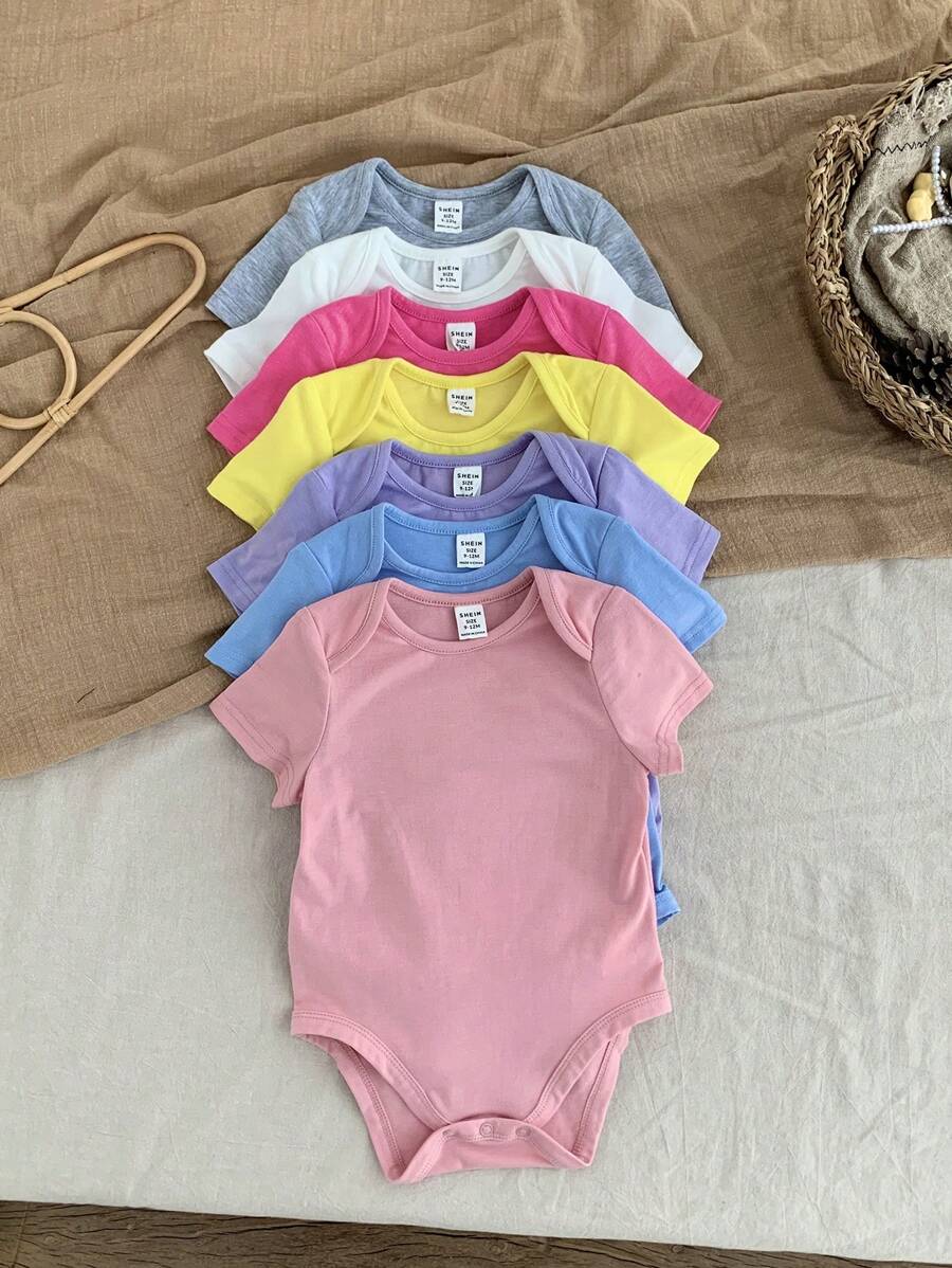 SHEIN LMoss Kids 7pcs/Set Newborn Baby Girl Cute Solid Color Knitted Bodysuit Set, Summer - Multicolor - View 1