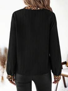 SHEIN Clasi 豹纹拼布V领长袖宽松女衬衫，秋冬冬季女装长袖衬衫长袖女式衬衫黑色衬衫黑色长袖上衣 - 黑色 - 查看 2