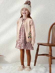 Blossori Young Girls Plant Printed Long Sleeve Single-Breasted Loose Casual Cardigan, Autumn/Winter - Pink - View 4