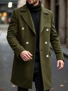 Manfinity Homme Men's Autumn/Winter Casual Solid Color Double-Breasted Overcoat - Olive Green - View 5