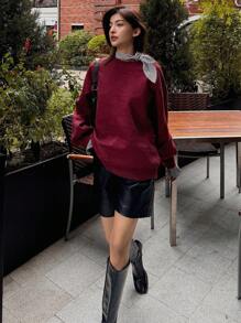 DAZY 格子蝴蝶结领宽松长袖保暖内衬女式圆领卫衣，秋季女装嘉年华 - 酒紅色 - 查看 2