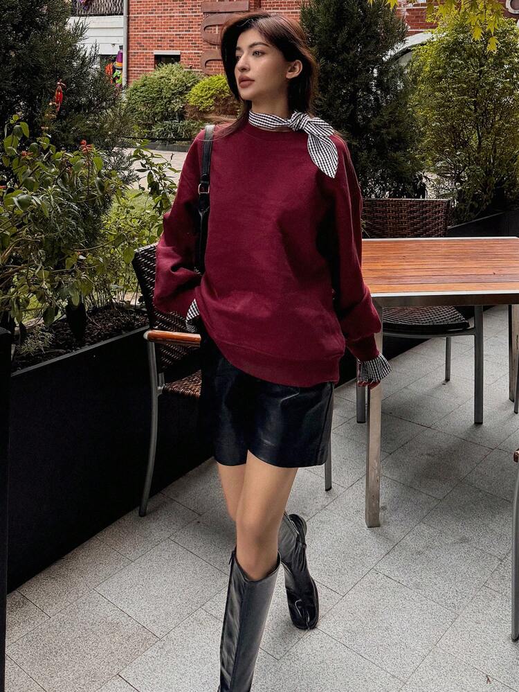 Plaid Bow Collar Loose Fit Long Sleeve Thermal Lined Women Crew Neck Sweatshirt,Fall Women Clothes Carnival