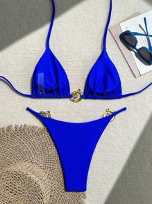 Women Summer Beach Solid Color Sexy Halter Backless Tied Bikini Set