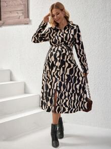 SHEIN 女士春秋休闲全印花纽扣前衬衫长袖连衣裙、办公室服装、服装、孕妇装 - 棕色 - 查看 3