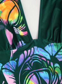 SHEIN LUNE 荧光彩色印花深 V 领吊带连衣裙迷你短款女装 - 彩色 - 查看 6