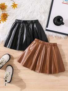 SHEIN 2 件装年轻女孩和年轻女孩 PU 皮革半圆裙，适合日常休闲穿着 - 彩色 - 查看 2