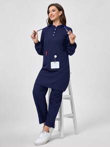 TaskEZ Conjunto de uniforme de enfermería de 2 piezas en color azul compuesto por camisa de manga larga con botones delanteros y bolsillo, y pantalón liso - Azul Marino - Ver 5