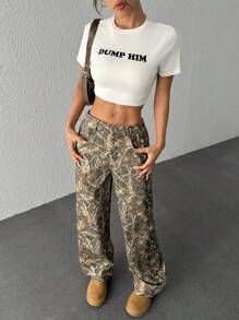 SHEIN EZwear 女士树枝印花贴袋直腿宽松休闲裤 - 棕色 - 查看 5