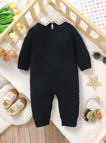 Baby Jumpsuits Casual Gentleman Style, Classic Cable Knit, Collared Shirt Collar Long Sleeve 2 In 1 Jumpsuit, Fashionable And Comfortable, Baby Essential For Autumn/Winter