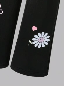 Tween Girls Floral Print Elastic Waist Loose Straight Sweatpants - Black - View 3