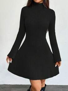 Chiquease 女士纯色高领长袖优雅毛衣裙，秋冬 - 黑色 - 查看 3