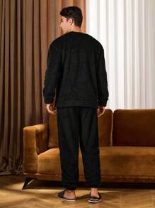 Men's Contrast Trim Button Front Shirt And Pants Lounge Pajama Set - Multicolor - View 2