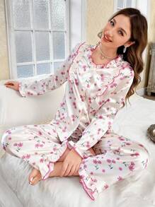 Conjunto de pijama romántico para mujer con estampado floral de seda sintética
