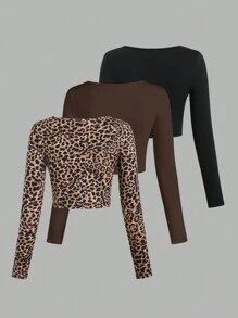 SHEIN Unity 3pcs Women's Casual Y2K Leopard Print Ruched Slim Fit Long Sleeve T-Shirt, Spring/Autumn Graphic Cheetah Print Tees Women Tops For Spring - Coffee Brown - View 2