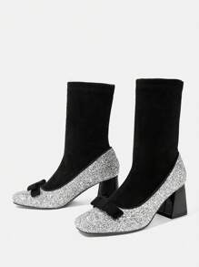CUCCOO TILAWA Botas casuais de cano alto, bico quadrado, salto grosso, com estampa xadrez patchwork preta, laço decorativo e estilo versátil para mulheres, perfeitas para o Natal, Ano Novo e outras festas de fim de ano. - Multicolorido - Ver 5