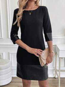 Editum 女士黑色 PU 拼布针织直筒连衣裙，适合日常通勤，百搭黑色休闲连衣裙 - 黑色 - 查看 6