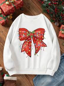 GraphicGems 年轻女孩圣诞印花蝴蝶结装饰夜光长袖圆领运动衫，休闲舒适，适合秋冬季 - 白色 - 查看 1
