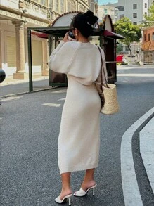SHEIN Unity 2pcs Set - Solid Color Sweater & Ribbed Camisole Dress Set For Women - Apricot - View 2