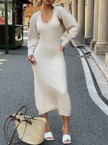 SHEIN Unity 2pcs Set - Solid Color Sweater & Ribbed Camisole Dress Set For Women - Apricot - View 7