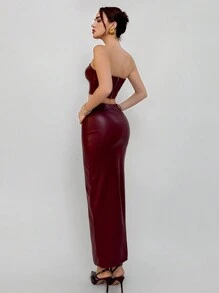 Aloruh 女士圣诞套装两件套 - 优雅性感纯酒红色 PU 皮革抹胸和铅笔裙套装，适合上班、生日、新年 - 酒紅色 - 查看 2