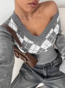 Flirla Women Argyle Pattern V-Neck Slim Fit Crop Pullover Sweater, Long Sleeve Top Knit Pullover Fall Winter - Multicolor - View 7