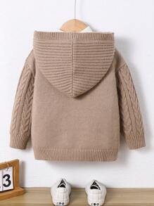 1 pezzo Cardigan con cappuccio rilassato, da ragazzi, in maglia a coste, tinta unita color cachi, adatto per viaggi, scuola, uso quotidiano, stagione autunno/inverno