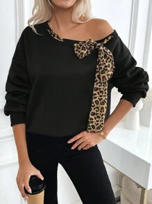 SHEIN LUNE Women's Autumn/Winter New American Retro Casual Fashionable Versatile Leopard Print Tie Front Oblique Shoulder Long Sleeve Thermal Lined Hoodie Pullover Fall Outfit - Black - View 4