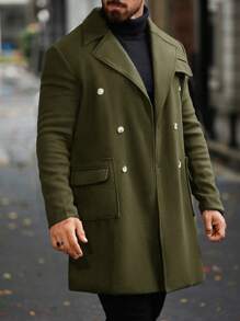 Manfinity Homme Men's Autumn/Winter Casual Solid Color Double-Breasted Overcoat - Olive Green - View 3