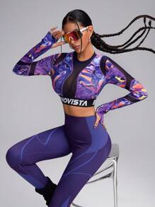 Innovista Women's Marble Print Letter Ribbon Cropped Casual Fitness Sports Sweatshirt