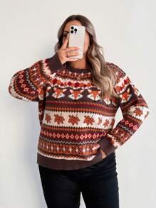 SHEIN CURVE+ Áo len hở vai họa tiết cáo và lá cỡ lớn cho nữ, mùa thu, mùa đông - Cà phê nâu - Xem 3