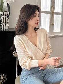DAZY Women's Elegant V-Neck Cross-Wrapped Long Sleeve T-Shirt, Solid Color Design, New For Autumn,Fall Women Clothes - White - View 7