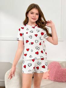 SHEIN Leap Crew 2pcs Tween Girls Casual Heart Pattern Round Neck Short Sleeve T-Shirt & Shorts, Loose Soft Sleepwear Set - Multicolor - View 6