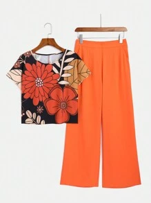 EMERY ROSE 女士休闲花卉印花上衣和宽腿宽松裤套装，春夏秋季