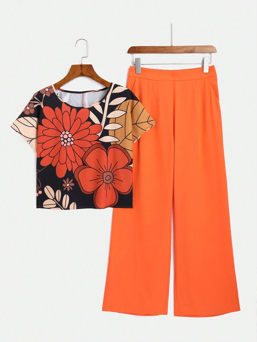 EMERY ROSE 女士休闲花卉印花上衣和宽腿宽松裤套装，春夏秋季