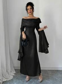Rafferiza Vestido de manga larga con abertura, hombros descubiertos, cintura plisada, vestido de gala elegante de longitud máxima para mujeres