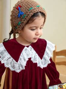 SHEIN LMoss Kids LMoss Baby Girls Autumn Elegant Stretchy Velvet & Contrast Lace Peter Pan Collar Dress For Christmas - Burgundy - View 5