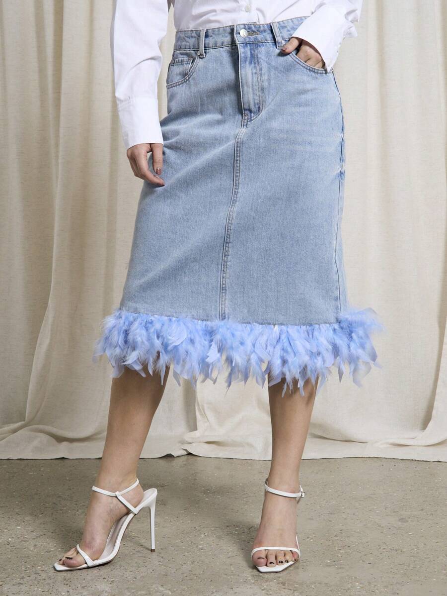 AiiRZ Midi-länge Denim Rock mit Federverzierung, hochgeschnittener Lässig Fashion Statement Rock, A-Linie, für Party, Club, Anlässe, Abendfeier, Festival, Midi-Rock - Blau - Übersicht 1