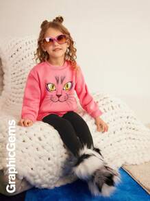 2pcs/Set Girl Cartoon Printed Long Sleeve Top And Solid Color Pants